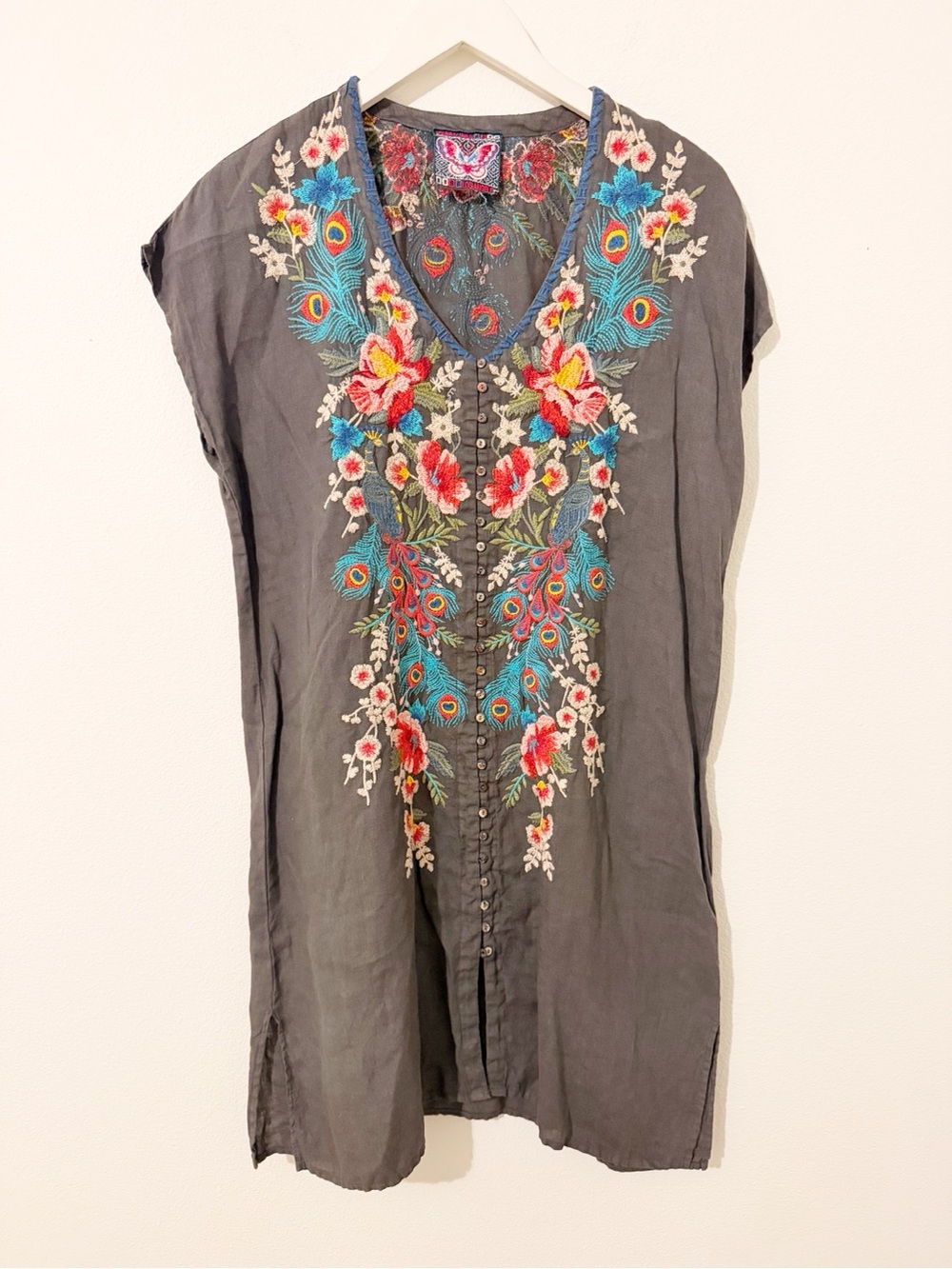 Johnny Was Gray Floral Peacock Feather Embroidered Linen Dress Size Medium M